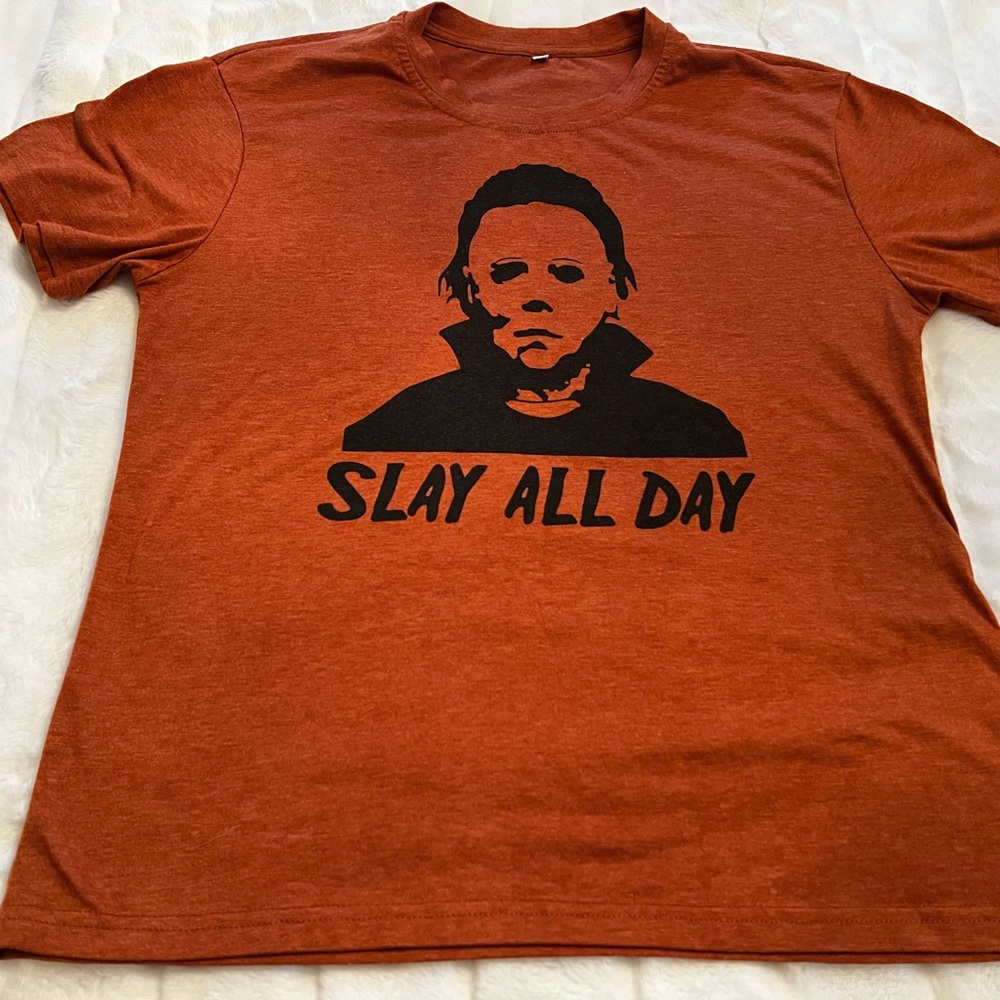 Men’s SMALL Rust Orange 'Slay All Day' Halloween Michael Myers Tee T Shirt
